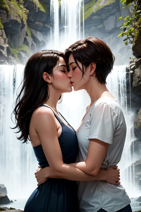 Lesbian couple kissing under a waterfall