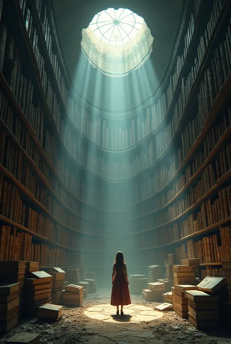 A grand, ancient library hidden within a secret valley, with towering shelves filled with dusty books. Lina stands in awe at the entrance, light streaming in through a cracked dome, revealing the majestic and mysterious space.
