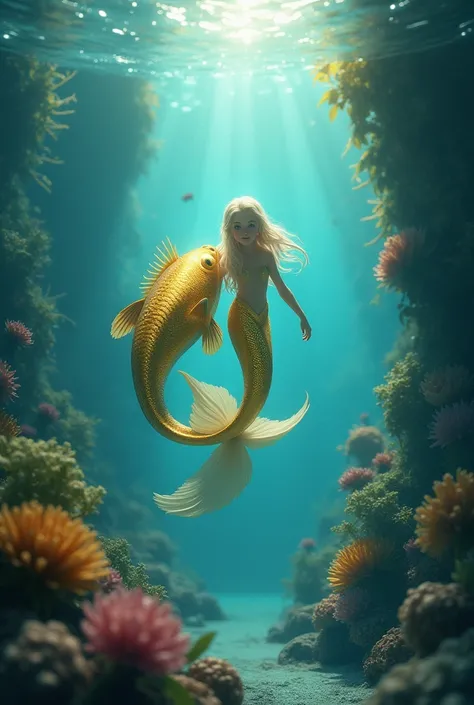 Under the sea little beutyfull s mermaid come on the big golden fish