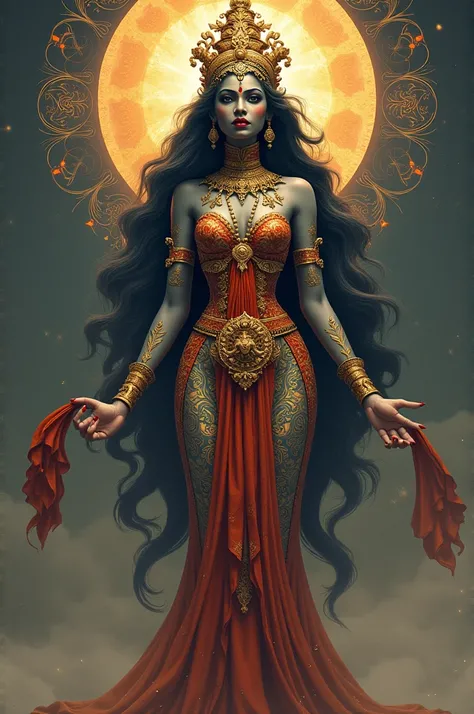 "Mahakali in a full-body dress blending traditional Indian patterns with modern elegance, her aura ablaze with power."
