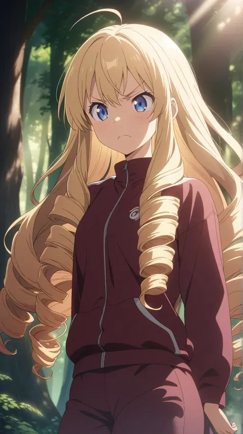 a girl, blonde, long hair, drill hair, drill sidelocks, ahoge, blue eyes, slant eyes, narrow eyes, frowning, scowl, maroon sportswear long pants, maroon sportswear, while shoes, over massive tree background with Sunlight filtering through the trees, dapple...