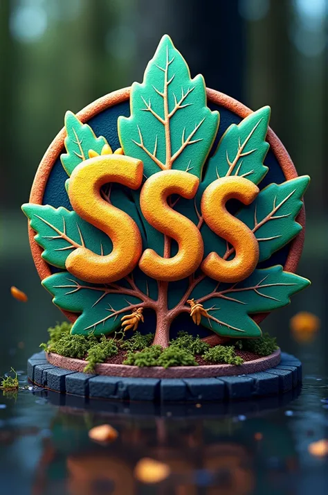 Create a coin that has a meme coin design with SSS written on it and a poplar tree leaf in the background.