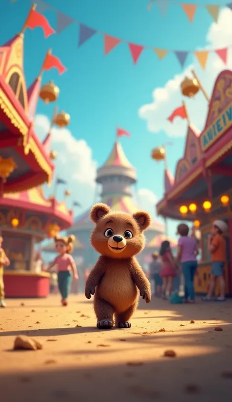 
Prompt: A wide shot of a colorful and lively fair with carnival games, food stalls, and rides. The camera zooms in on a curious bear, who stands at the edge of the fair, watching excitedly. The sounds of laughter and music fill the air. The bear hesitantl...