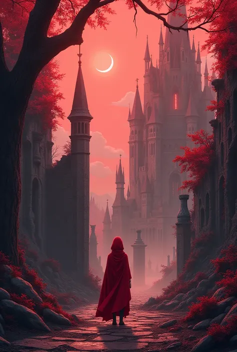 Medieval city from a fantasy world in ruins anime style predominant colors red with trees a lonely boy in a red cape watches from afar