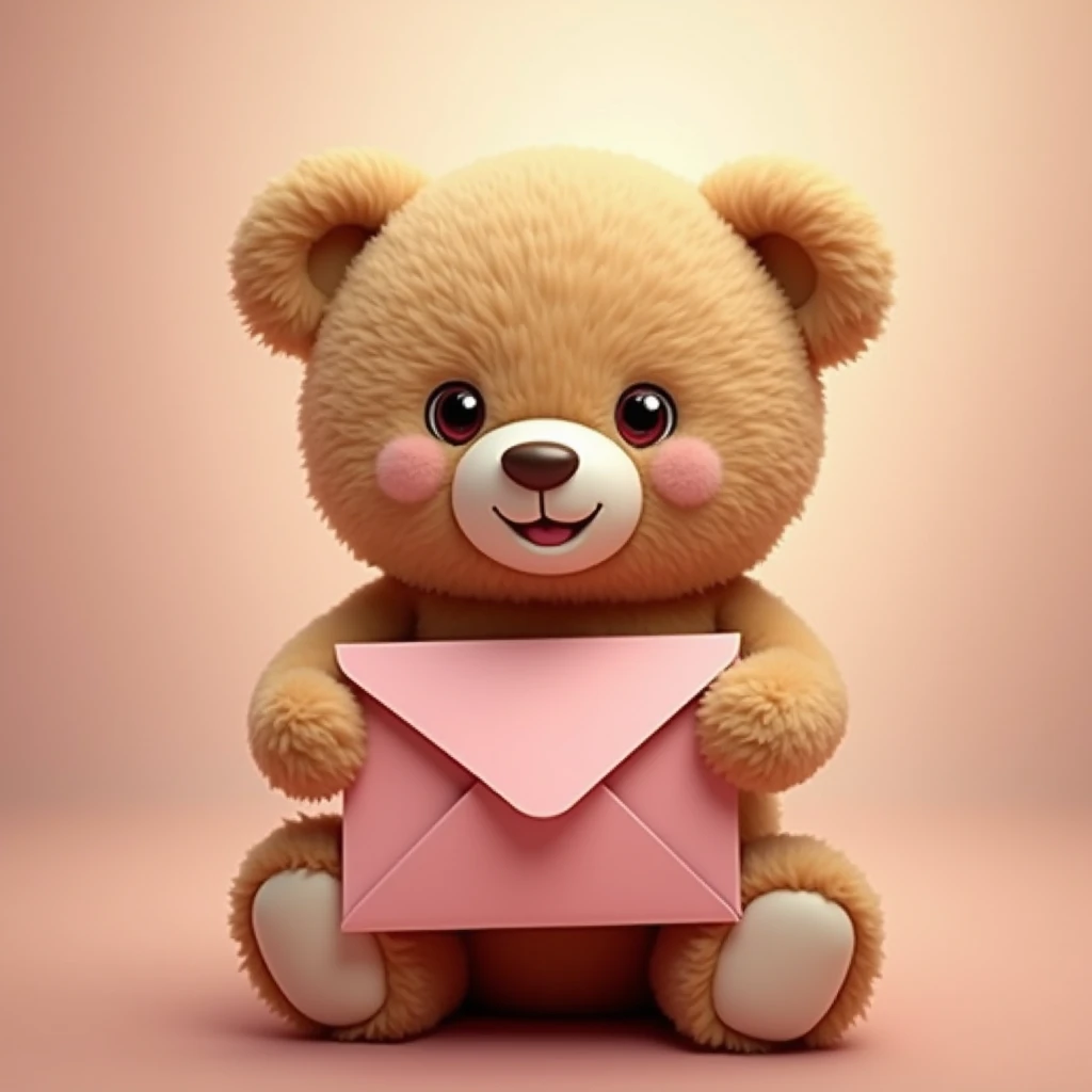 masterpiece, Realistic Pictures,1 stuffed bear ,Light brown,cute, A pink envelope is attached to the bears hand, happy atmosphere , canon, best quality,HD,