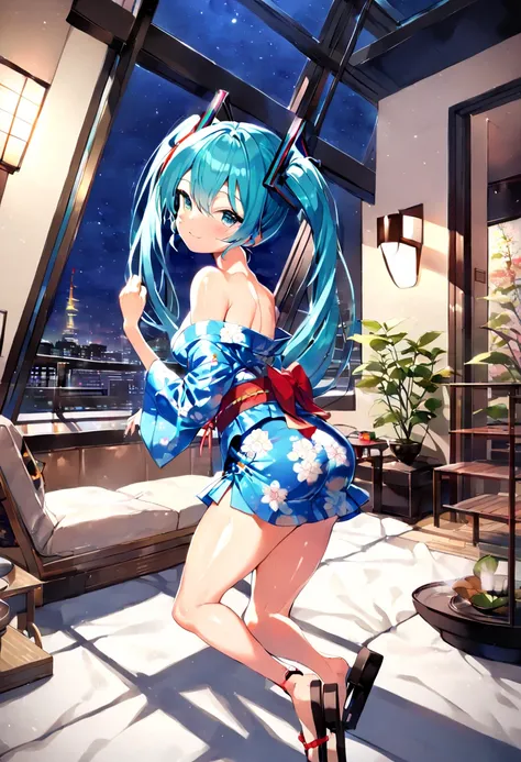 (hatsune miku:1.2), (gleaming skin, shiny skin:1.4), (mini yukata, bare shoulder:1.4), (japanese sandals:1.4), (cowboy shot:1.4), (luxurious penthouse, indoor rooftop japanese livingroom:1.4), (midnight:1.4),