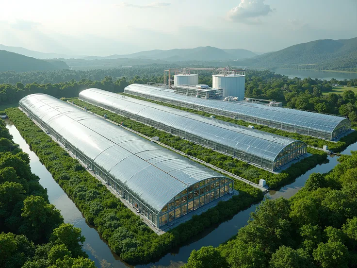 Bird&#39;s eye view， a 3,000-acre greenhouse，There is an energy storage tank next to the greenhouse。Smart Greenhouse Internet of Things