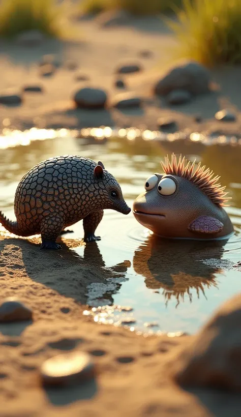 "A highly realistic depiction of an armadillo and a pufferfish standing face to face, their full bodies clearly visible. The armadillo, with its tough, segmented armor and small, beady eyes, stands on a dry, cracked surface, its body slightly curved in a c...