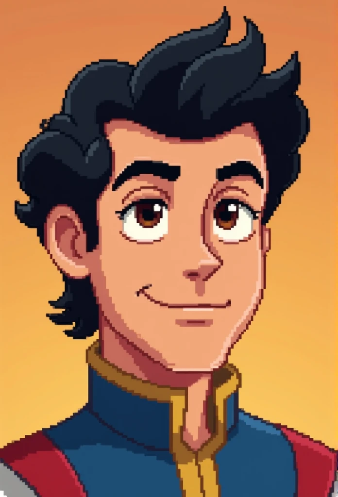 Disney Pixel Man Style Poster, slanted brown eyes,  round face, barba cerrada boca fina and rosy, symmetrical nose. prince