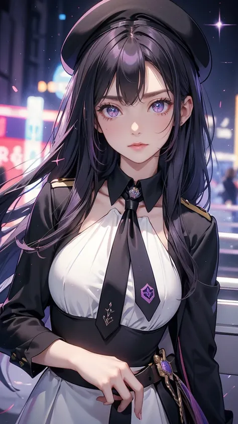 she has maroon/dark Black hair with a white streak at the front of her fringe and has a small build. sHe wears a police uniform with a necktie, as well as a beret. sHe also has violet eyes which might be a reference to her national flower, the Vanda Miss J...