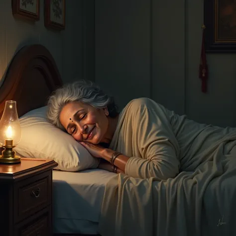 The elderly woman, lying on a bed. Her expression is gentle and loving, with a slight smile. The room is dimly lit, and she is wearing a light-colored saree with gray hair tied in a bun sparkling 

Background Details (Hindi):
कमरा हल्की रोशनी से सजा हुआ है...