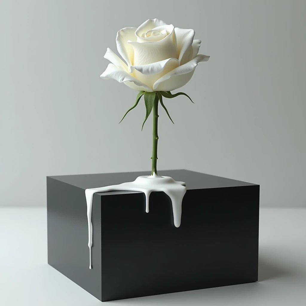  A white rose placed on a single black brick.
Half a white rose is melting like ice cream.