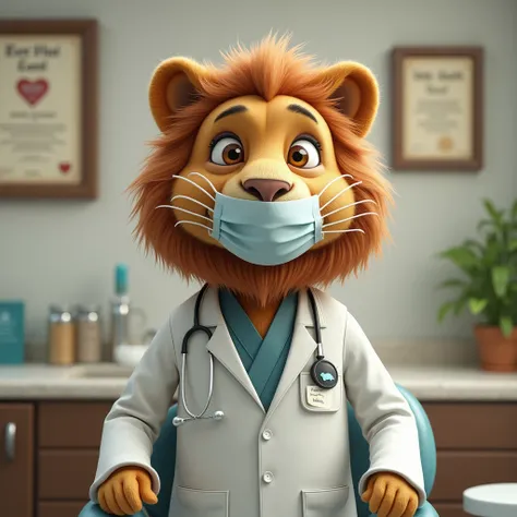  Show me the lion who became a dentist .  Im wearing a mask, but it looks a bit scary. I also put a whale badge on my left chest  