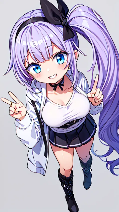 ((1 Girl, 18 Years Old Girl, Side Ponytail:1.2, Lilac Colored Hair:1.2, Ahoge, Wavy Hair, Blunt Bangs, Huge Breasts:1.2, Collarbone, Blue Eyes, Long Eyelashes, Small Waist, Beautiful Skin, Cute, Good Humor, Smile, Teeth, Peace Sign)), BREAK (((White Hoodie...