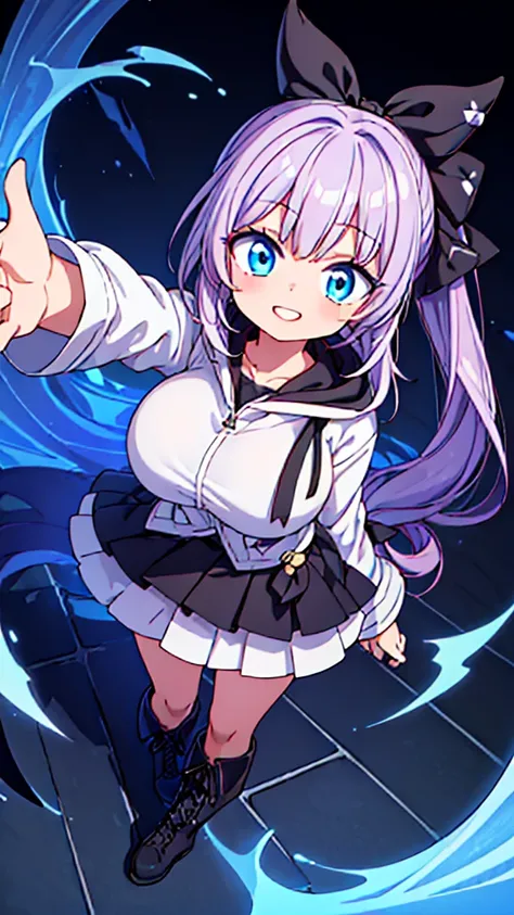 ((1 Girl, 18 Years Old Girl, Side Ponytail:1.2, Lilac Colored Hair:1.2, Ahoge, Wavy Hair, Blunt Bangs, Huge Breasts:1.2, Collarbone, Blue Eyes, Long Eyelashes, Small Waist, Beautiful Skin, Cute, Good Humor, Smile, Teeth, Peace Sign)), BREAK (((White Hoodie...