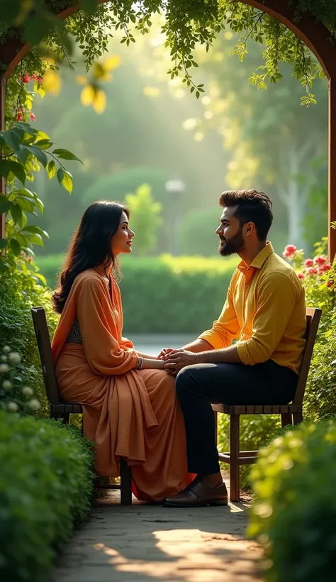 realistic 4k ultra HD image quality, Description: A beautiful 25 year old Indian girl Riya (wearing model clothes) and a 27 year old Rahul (wearing yellow shirt and black pants) are sitting in the corner of a quiet and big garden. Rahul and Riya are talkin...