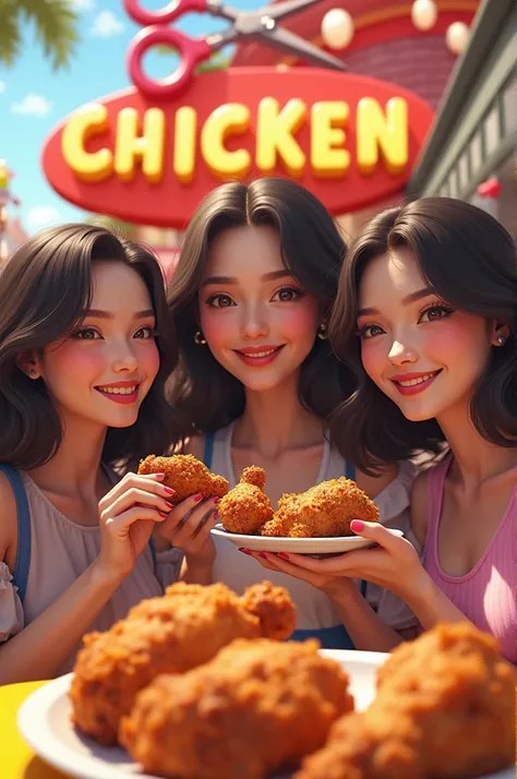 Three beautiful girls are eating fried chicken in front of abambob scissor chicken stand