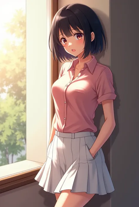 Anime mature girl with pink shirt and white short flared skirt. She has medium breast and short black hair. She is leaning her back against the window and looking to the camera at morning. She is putting her hands in her shirts pocket