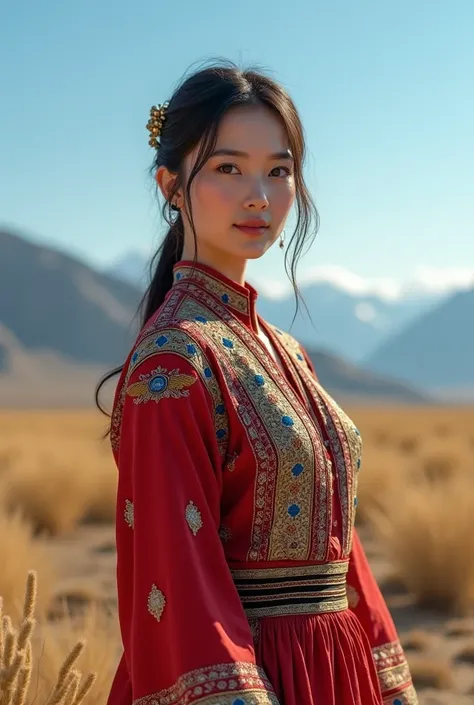  A Kazakh girl wearing traditional national costume of Kazakhstan decorated with intricate ornamental designs.  He stands outdoors amidst the stunning natural landscape of Kazakhstan ,  with a possibly fertile plain , a towering mountain ,  and the bright ...