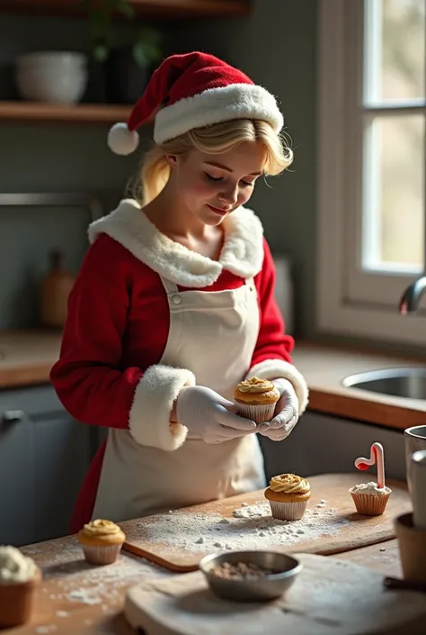 photorealistic sanda claus making cupcake like a baker in a kitchen with a table with some flour on the messy table and some baking equipments are laying around the table and an open window in the background