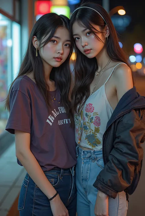 nsfw, low ambient light, flash, super detailed, photorealistic, 2girl, (beautiful girl, street prostitute, illegal), full body, korean girl,
(high resolution, masterpiece, highest quality:1.4), realistic, photo, amazing detail, 8k, high resolution, amazing...