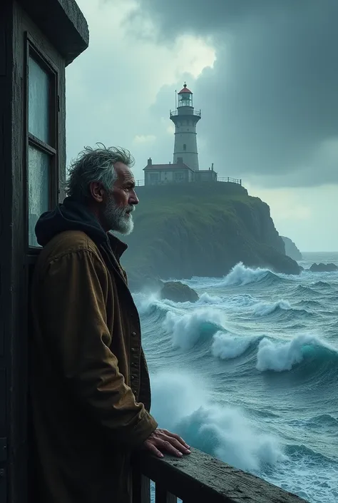 The lighthouse keeper howled looking at the wild and dangerous sea from inside lighthouse 