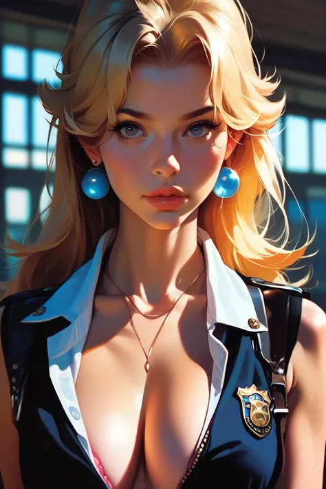 score_9, score_8_up, score_7_up, score_6_up, score_5_up,   score_9, score_8_up, score_7_up, a portrait of a beautiful female, princess peach, refined features, blonde hair, wearing a police uniform, large breast, cleavage, looking at viewer, intricate deta...