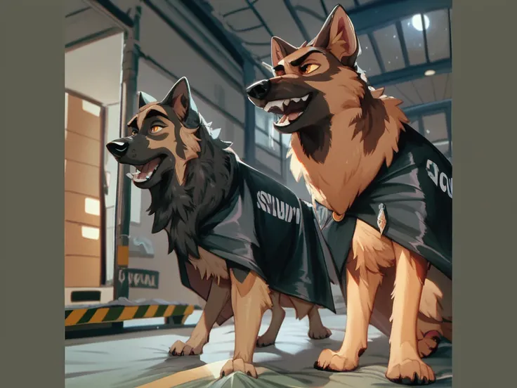 score_9, score_8_up, score_7_up, score_6_up,  two adult very long furred German shepherds wearing only black airport security dog cape sheets, sniffling boxes in the airport cargo hall, Night time, full moon, long body fur,