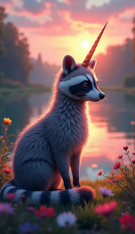 A hybrid animal that is a fusion of a porcupine, raccoon, and unicorn. The creature has porcupine quills elegantly blending into a raccoons striped tail, a unicorn horn glowing softly on its forehead, and raccoon-like facial markings. It stands near a calm...