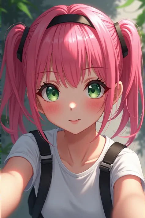  with pink hair and twin tails when she hears、 black hair band、Green Eyes、 t-shirts 。Realistic images。Asian girl taking selfies with almost real 。