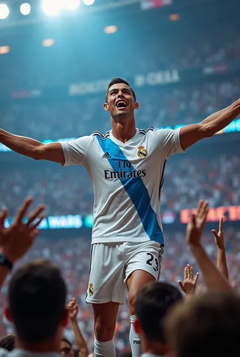 Cristiano ronaldo singing a song wearing his teams jersey in front of real Madrid club members