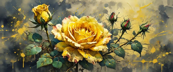 Yellow rose painting with splattered background and spray paint effect、By Eugene Zack、Watercolor art、By Carr Lotz、Watercolor、Watercolor style、Watercolor detailed art、By Reuben Tam、Watercolor digital painting、Watercolor、Stunningly detailed Watercolor、Waterc...