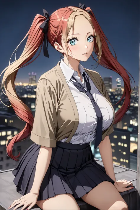 masterpiece, best quality, high quality, detailed, ultra detailed, hyper detailed, exquisite, insanely detailed, beautiful, FHD, Full-HD, 4K, 8k, 16k, highres, absurdres, 1 woman:1.4, ((sunglasses:1.4)), big breast, ((thin khaki hair:1.4, red hair:1.4, gra...