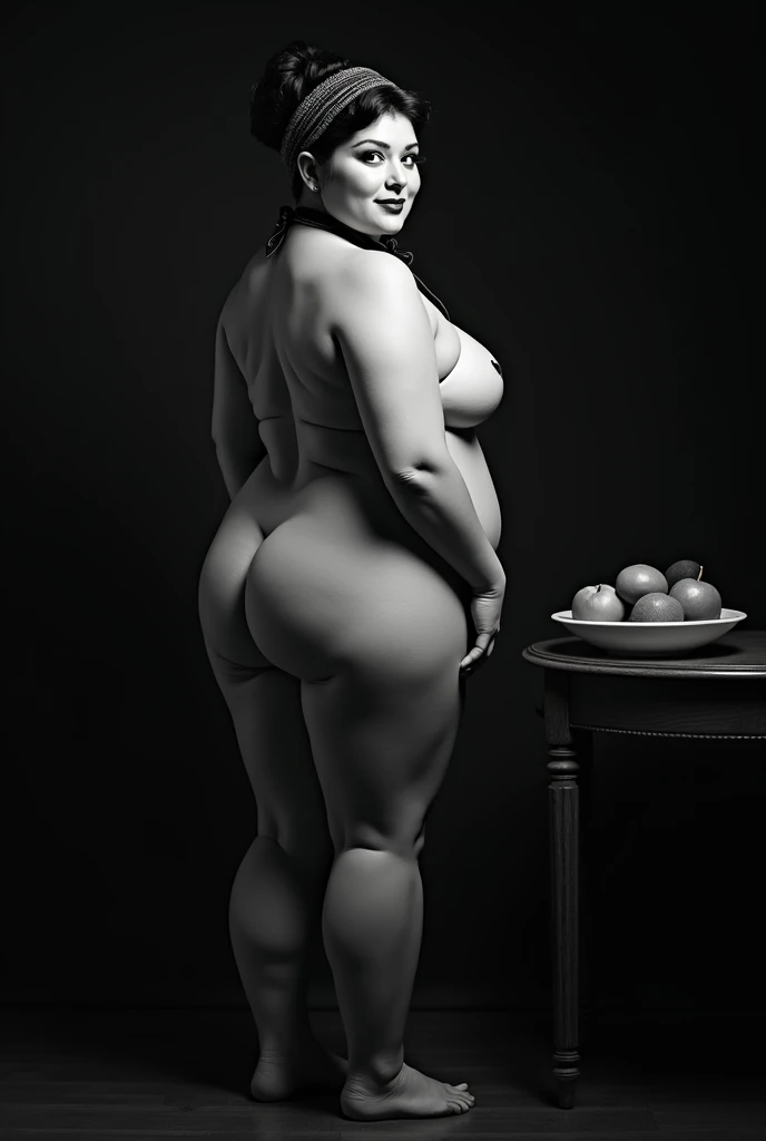 Studio portrait black and white photo, naked woman, female photo portrait from the 1940s  ,  realistic ,  cinematic ,  beautiful gorgeous fat 40-year-old woman, very big giant breasts ,  Big Nipples,  very large huge nipple areolas ,  Very big fat ass , te...