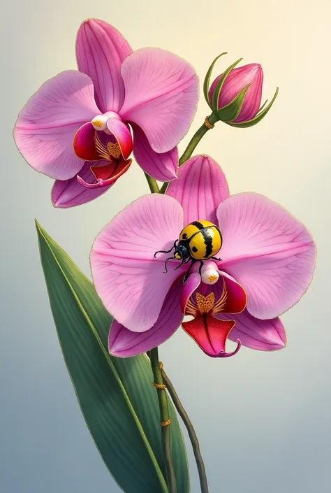 🌺
A painting depicting the buds of a pink orchid with a yellow Egyptian beetle on it,  made of delicate transparent glass . The stem ,  the leaves and the edges of the rose petals are made of very fine gold . Glitter and ladybugs . realistic,  fog , shadow...