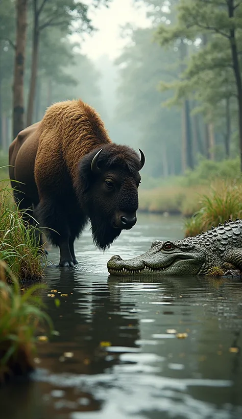 "Create an image of a bison and a crocodile standing side by side at the edge of a river. The bison is large and powerful, with thick shaggy fur and impressive horns, while the crocodile lies low with its rough, scaly green-brown skin and slightly open jaw...