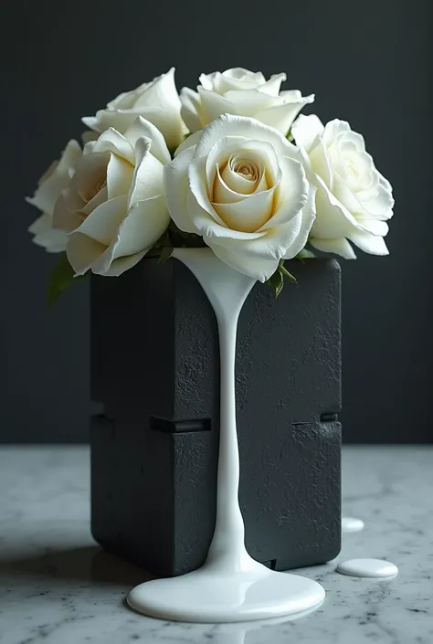 A bunch of white roses placed on a single black brick.
 Half of the white leaf is melting like ice cream.
 The melted white leaf seeped into the black brick .