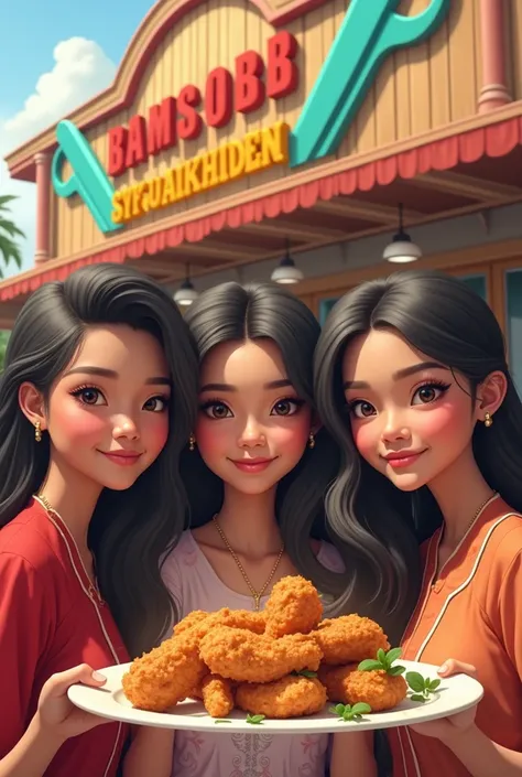 3 beautiful malay girls eating fried chicken in front of abambob scissor chicken restaurant