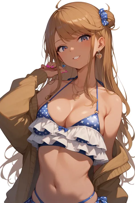 1girl, solo,
mgmtkr, medium breasts, long hair,
gyaru, white background, simple background, 
long hair, brown hair, 
swimsuit, bikini, frill, frill bikini top, off shoulder,
(masterpiece、Highest quality、Very detailed)), One girl, looking viewer, astonished...