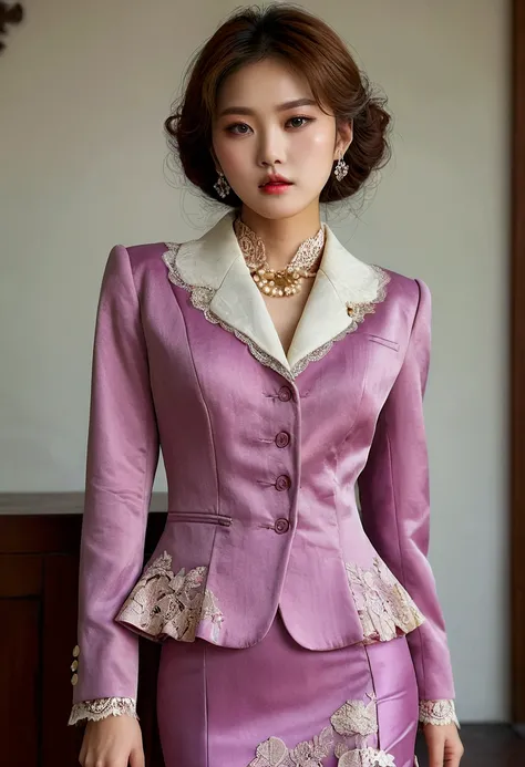 Best quality,  A Korean man is wearing a ladys skirt suit, Vintage skirt suit ,  Hes a female man ,  He has big breasts like a woman , A voluminous, feminine body,  His face is very masculine ,  His hair is masculine short , mauve, gorgeous luxury lady cos...