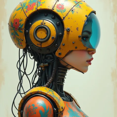  Realistic style illustration of a female robot native to the Orient,  with brightly colored tribal tattoos , With a young and beautiful body.  The tubular bell is full of rivets and rust stains .