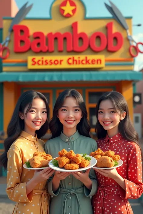 3 beautiful malay girls eating fried chicken in front of abambob scissor chicken restaurant