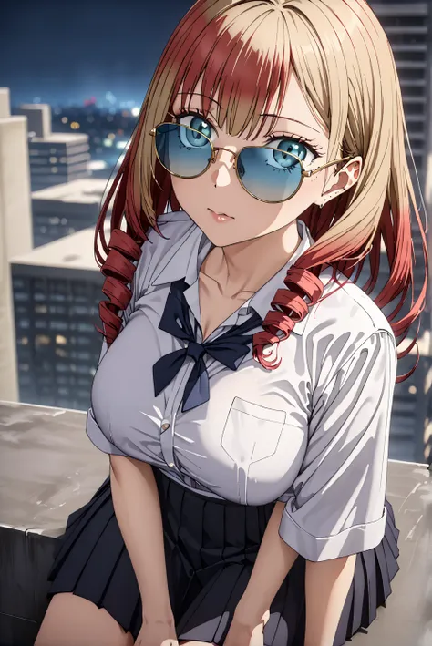 masterpiece, best quality, high quality, detailed, ultra detailed, hyper detailed, exquisite, insanely detailed, beautiful, FHD, Full-HD, 4K, 8k, 16k, highres, absurdres, 1 woman:1.4, ((sunglasses:1.4)), big breast, ((thin khaki hair:1.4, red hair:1.4, gra...