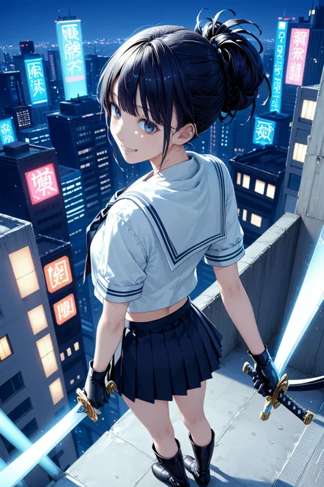   on a bright neon night in a futuristic city 、 A strong-willed high school girl in a summer sailor suit stands on the roof of a skyscraper There 。 has a shiny Japanese sword in her left hand     。   her Japanese sword reflects the colorful lights of the c...