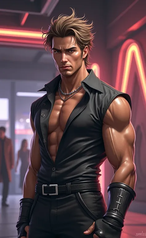  Realistic drawing of a sturdy man, black skin,  perfect face ,  black eyes , wild and beautiful face ,  brown hair ,  masculine black clothes . The whole body must be visible in the image.