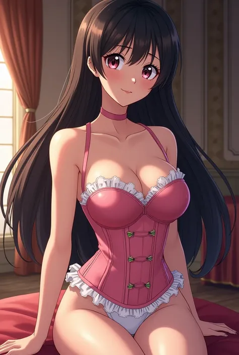 akeno portant un corset rose, string ficelle blanc, bas blancs jusquaux genoux, accroupie, Shibari, ball gag, montrant une culotte blanche de face et par en dessous, dans un château, levant les yeux vers le spectateur, yeux expressifs, point de vue den hau...