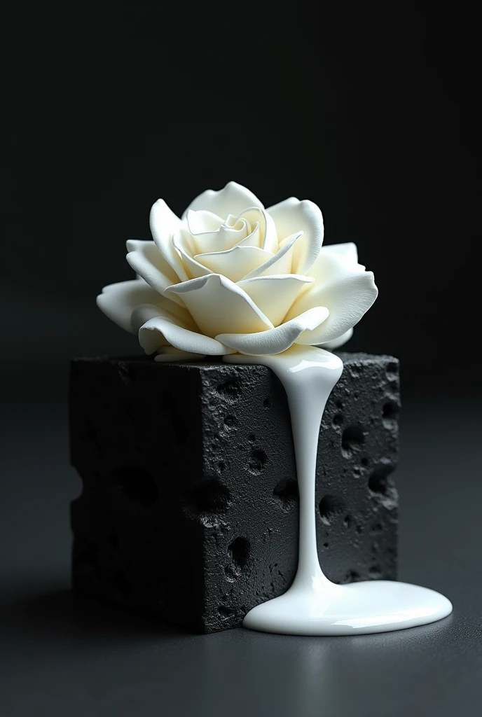 A white rose placed on a single black brick.
 Half of the white leaf is melting like ice cream.