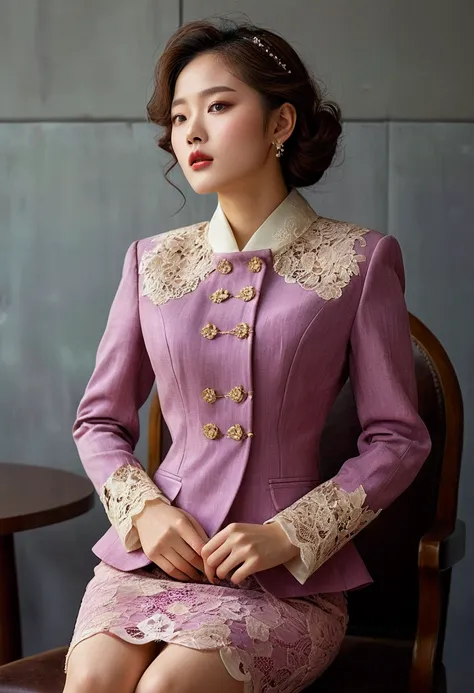 Best quality,  A Korean man is wearing a ladys skirt suit, Vintage skirt suit ,  Hes a female man ,  He has big breasts like a woman , A voluminous, feminine body,  His face is very masculine ,  His hair is masculine short , mauve, gorgeous luxury lady cos...