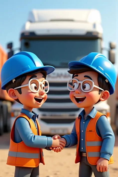  man wearing blue project helmet  , white glasses ,  blue shirt wearing orange vest shaking with his friend with smiling face , white Scania truck background  ,pixar disney, Indonesian caricature , 3D