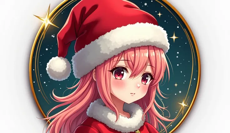 (a sticker,),(3D anime santa hat girl),bright colored hair,Slim, ellegance, There is also a touch of mystery.(In circles), (Christmas background), (Gold border)，, ultra - detailed, Detailed diagram, vectorized, 8k, professional a sticker design, Graphic de...